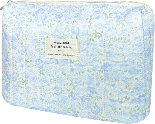 Quilted Makeup Bag, Cute Floral Travel Organizer, Rectangular Box, Blue, Cotton, Adult Women's Cosmetic Case