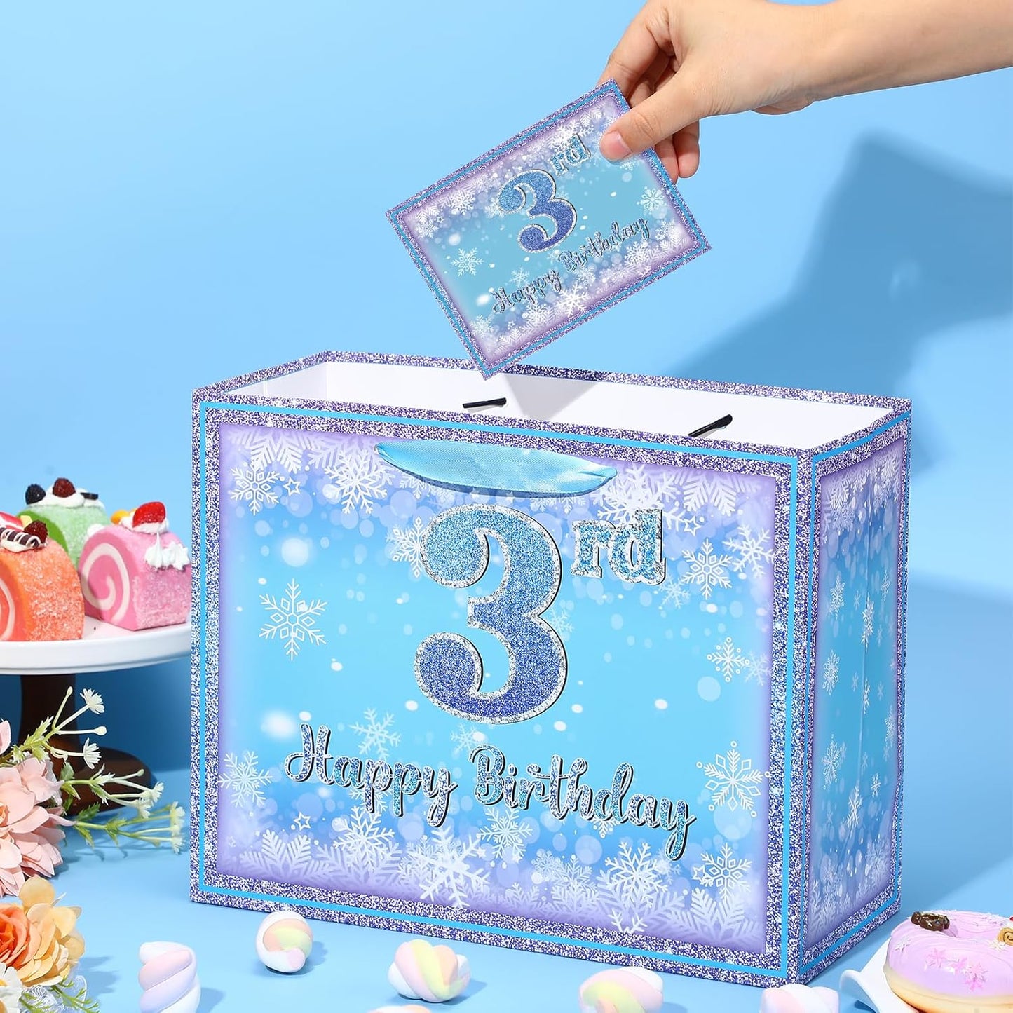 Frozen 3rd Birthday Gift Bag for Girls, Large Purple Blue Snowflake Third Birthday Bags with Tissue Paper and Greeting Card Snow Frozen 3 Years Old Party Favor Bags for Girls 3rd Bday Christmas Gift