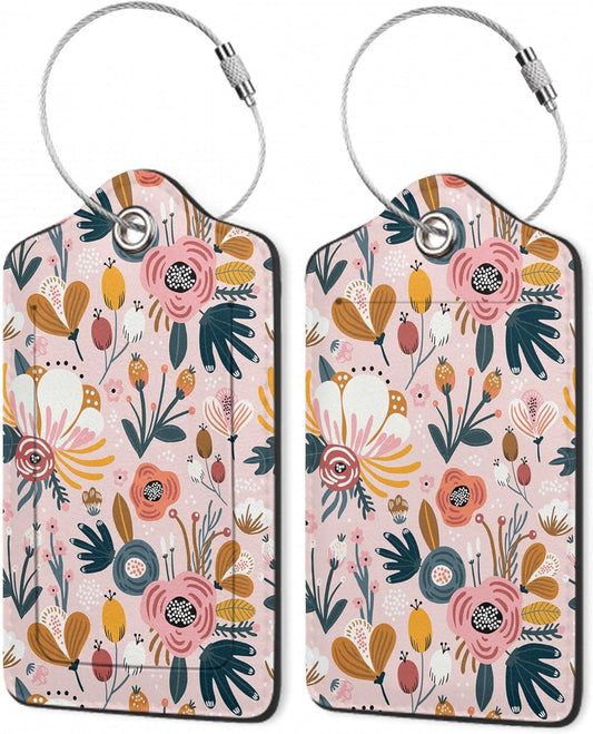 2Pcs Luggage Tag for Suitcase Boho Pink Flowers Cute Suitcase Tag with Privacy Flap & Name ID Label & Metal Loop,Travel Bag Luggage Tags for Women