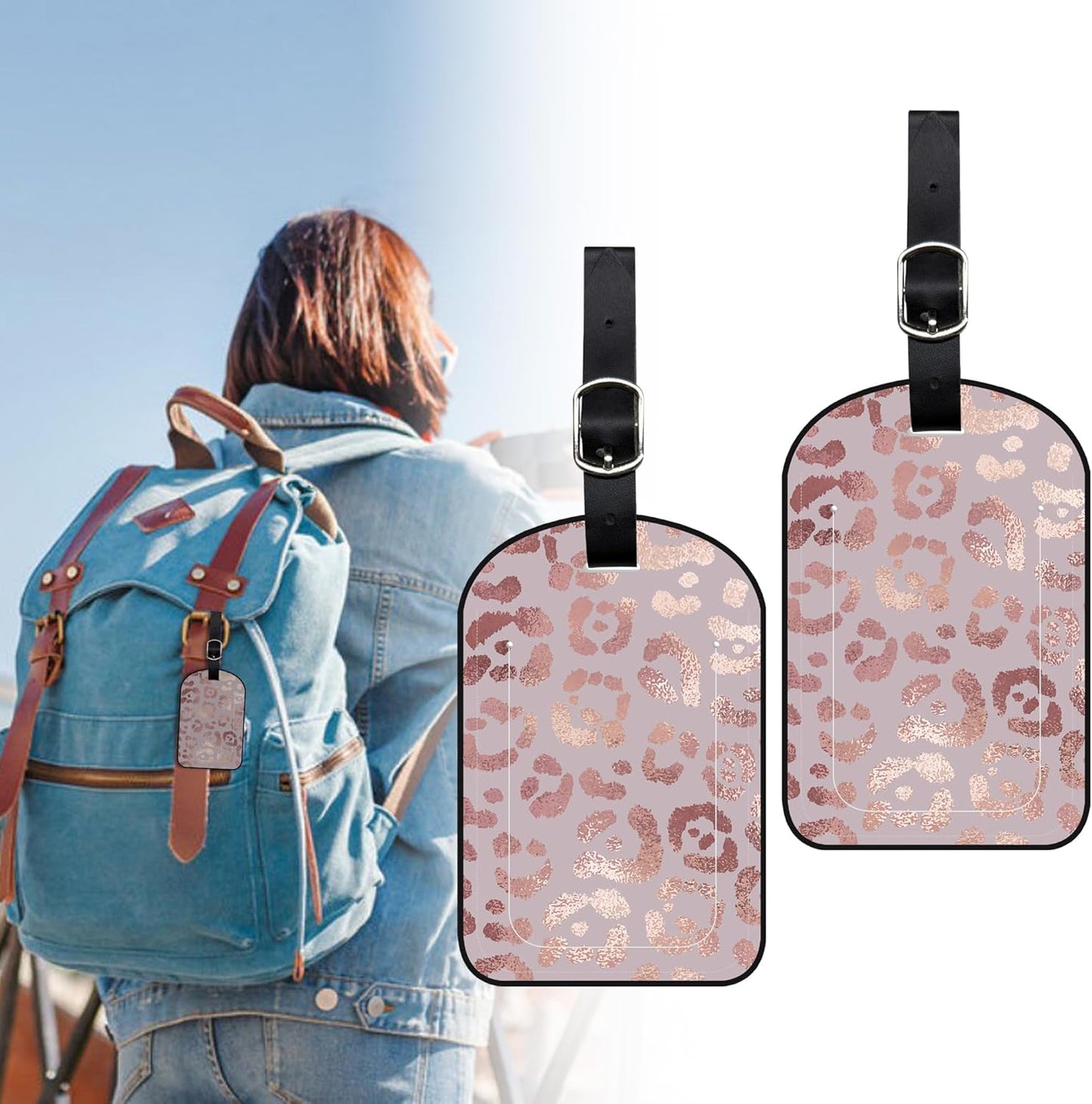 2 Pack Luggage Tags Rose Gold Leopard PU Leather Baggage Handbag Suitcase Tags with Secure Strap Privacy Cover ID Labels,Business Travel Baggage Tag Identifier
