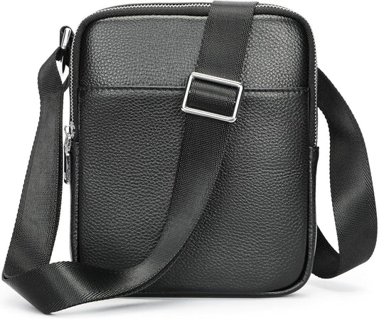 Men's Small Genuine Leather Messenger Bag Multi-Pocket Zipper Shoulder Bag Compact Mini Crossbody Bag Daily