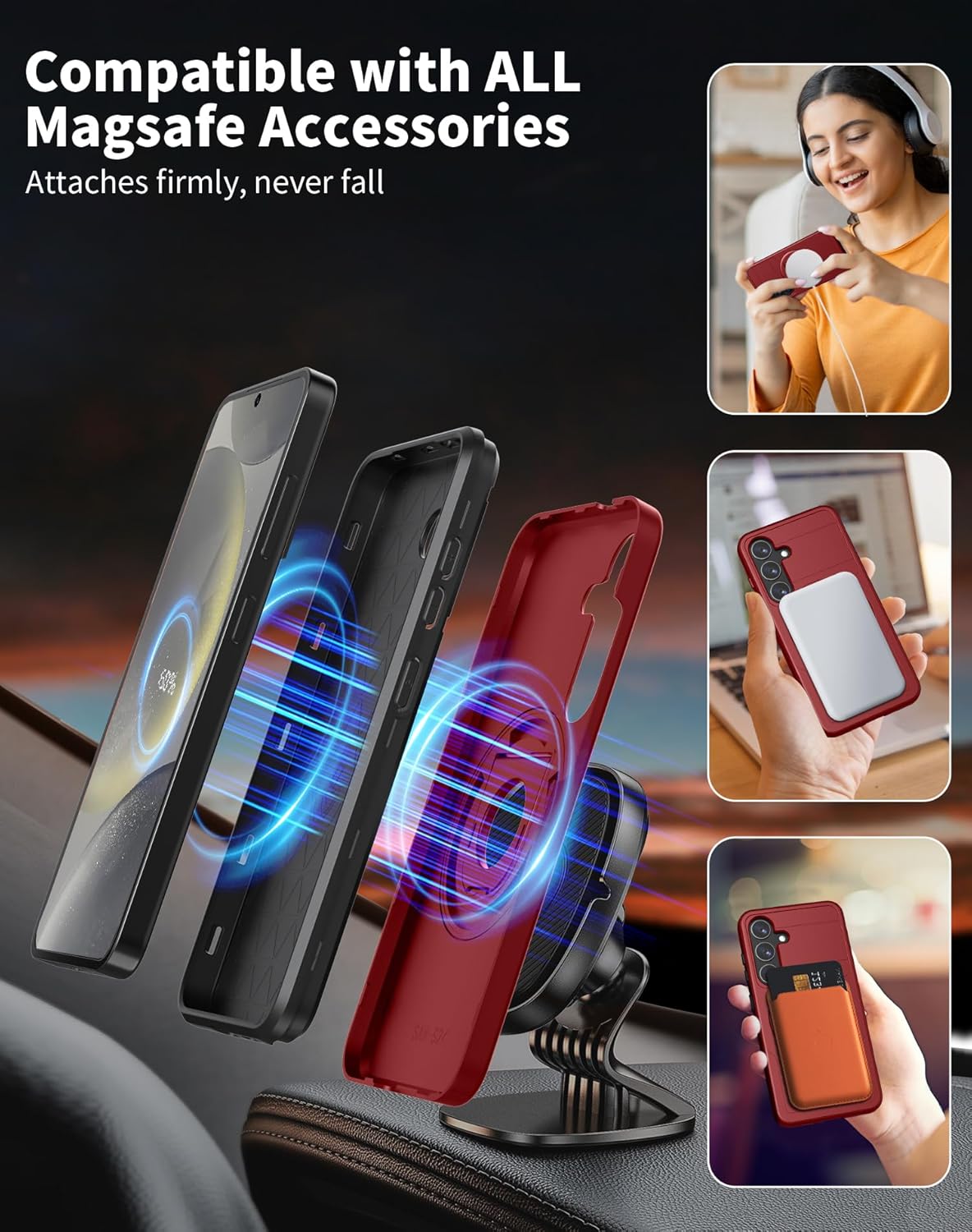 for Samsung Galaxy S24 Plus Case Magnetic Compatible with MagSafe Wireless Charging,with Screen Protector,for S24+Plus Case with Stand Ring Anti-Scratch Shockproof Heavy Duty Protection Red