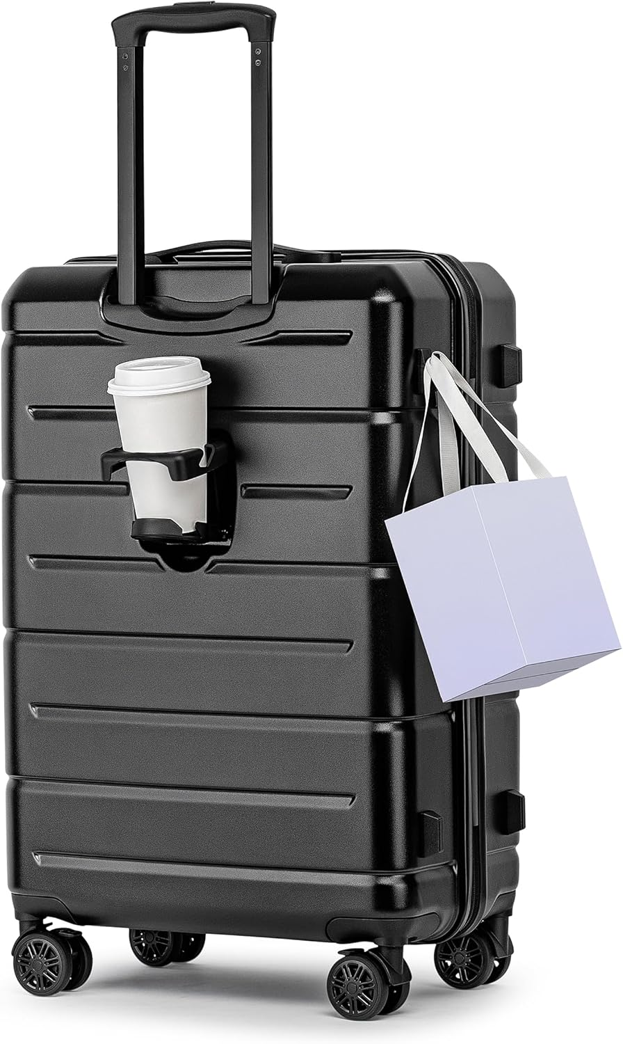 KYME 26 Inch Luggage TSA Approved Hard Shell Suitcases with Spinner Wheels Durable Medium Travel Checked Luggage with Cup Holder for Women Men Black