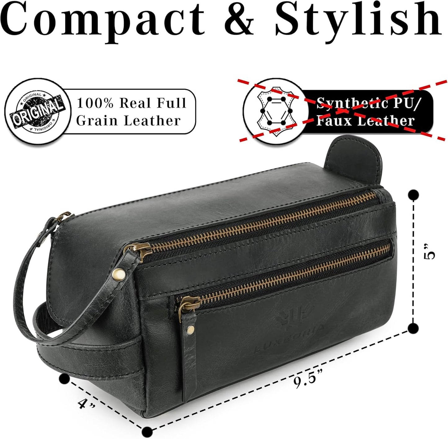 LUXEORIA Genuine Leather Toiletry Bags for Men and Women, Handmade Premium Leather Dopp Kit and Shaving Bag, Cosmetic Bag for Womens and Mens, Travel Essentials & Organizers