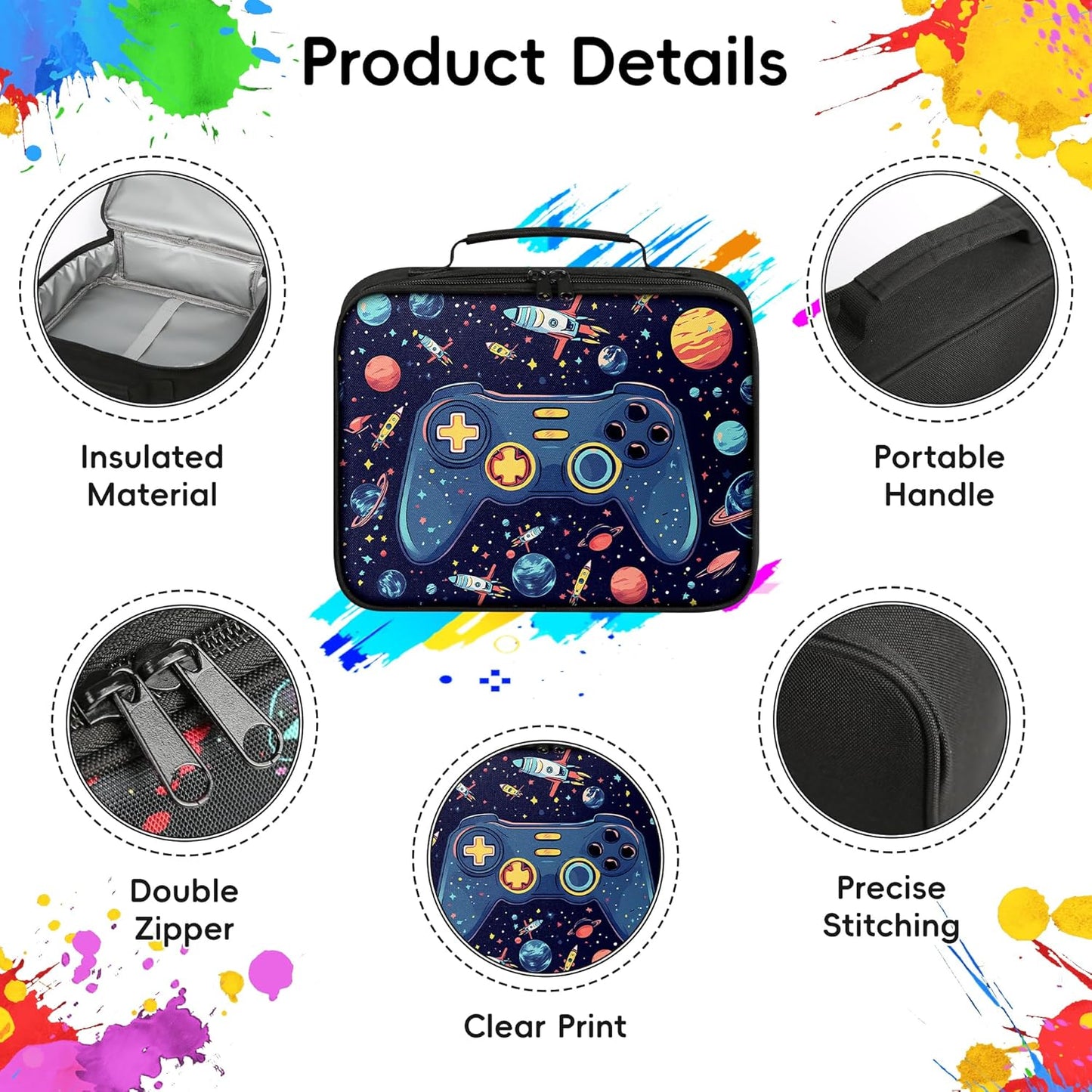 Gamer Lunch Box for Boys, Insulated Reusable Video Game Lunch Bag Portable Waterproof Leakproof Lunch Tote Bag Game boy Lunch Box for School Picnic Travel Back to School Gifts (space game)