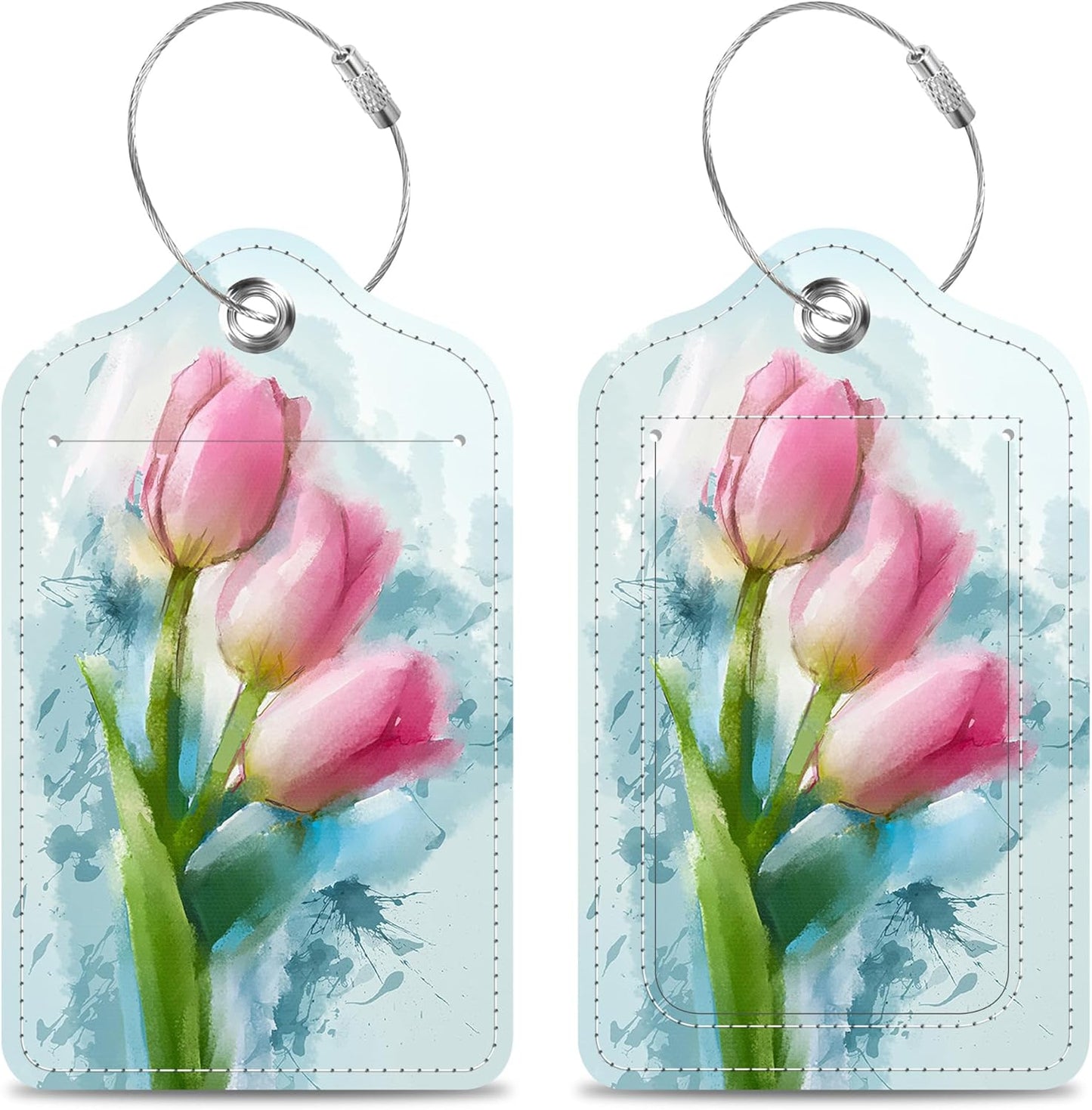 Set of 2 Luggage Tags Watercolor Tulips Flowers Leather Suitcases Tag with Privacy Cover Stainless Steel Loop and Address Card for Women Men Travel