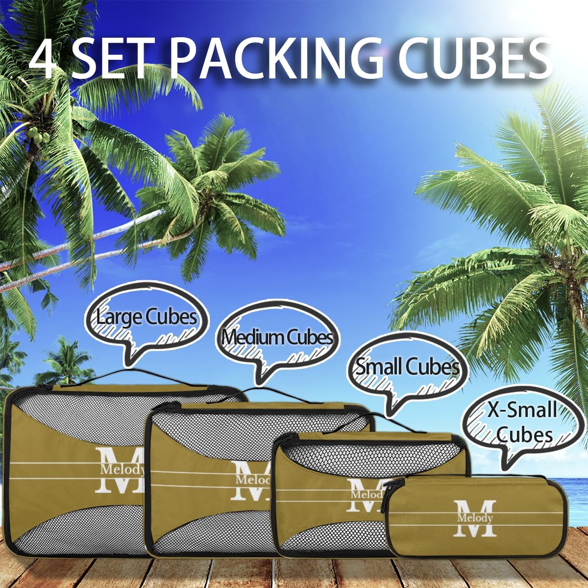 Personalized Compression Packing Cubes with Name, 4 Set Mesh Travel Organizer Bags for Carry on Women Men Boys, Luggage, Suitcase, Olive Green with Initial Letter