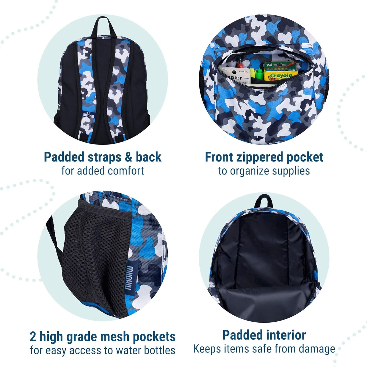 Wildkin 16-inch Kids Backpack – Durable, Padded & Spacious School Bag for Boys & Girls - Blue Camo