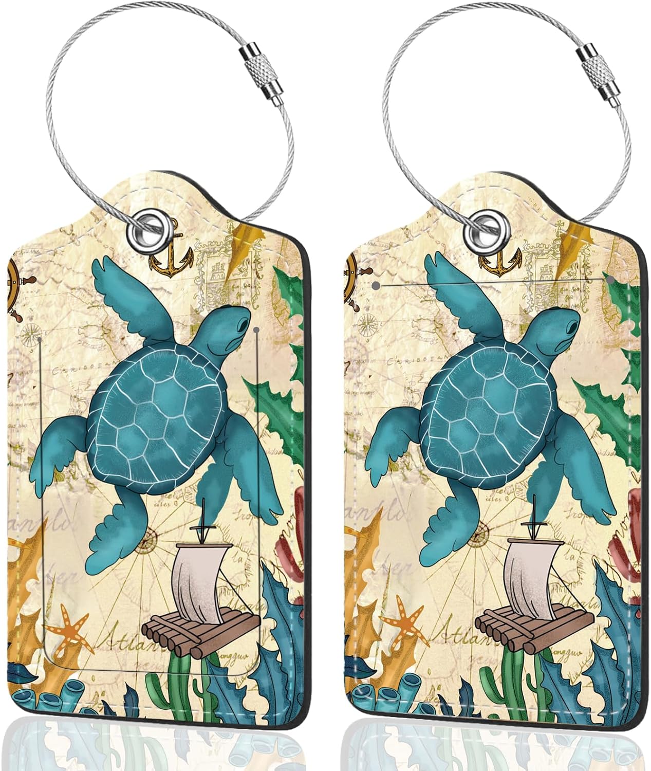 2Pack Luggage Tags for Suitcases, Cute Unique Pu Leather Cruise Luggage Tag with Privacy Cover ID Label Address Card and Metal Ring Suitable for Women Men Kids Travel Bag Turtles