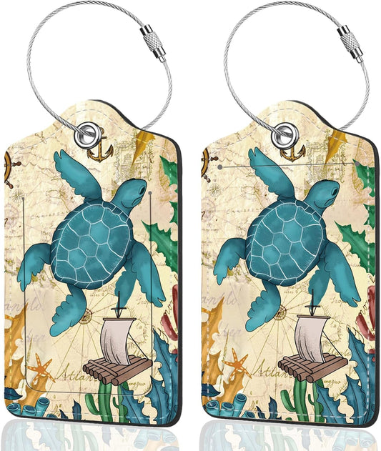 2Pack Luggage Tags for Suitcases, Cute Unique Pu Leather Cruise Luggage Tag with Privacy Cover ID Label Address Card and Metal Ring Suitable for Women Men Kids Travel Bag Turtles