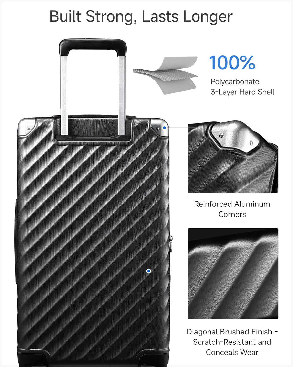 Trunk Luggage, Expandable PC Hard Shell Medium Checked 24 Inch Suitcase with Shock - Absorbing Wheels & TSA Lock, Black, 72L - 80L