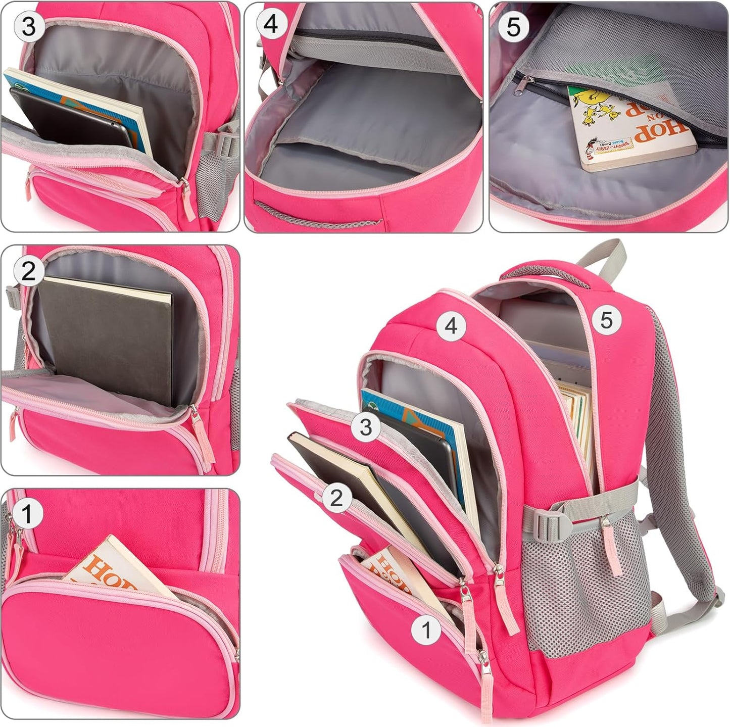 Kids Backpack for Girls Elementary School Backpacks for Child 17 Inch Lightweight Middle School Bookbag for Teens with Chest Strap, Pink