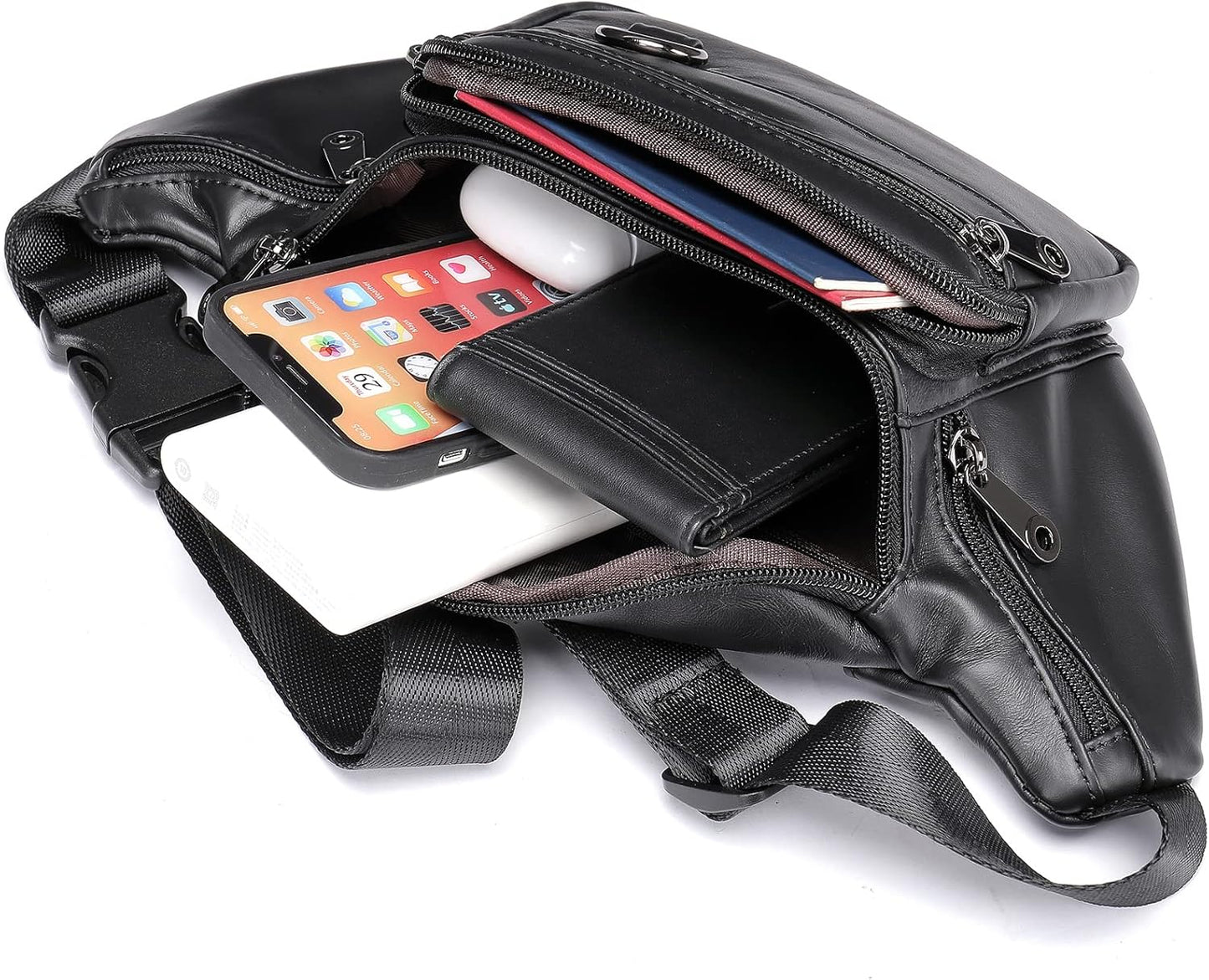 Genuine Leather Fanny Pack HandMade Durable cowhide Waist Bag Lots of Anti-theft zipper pocket Black