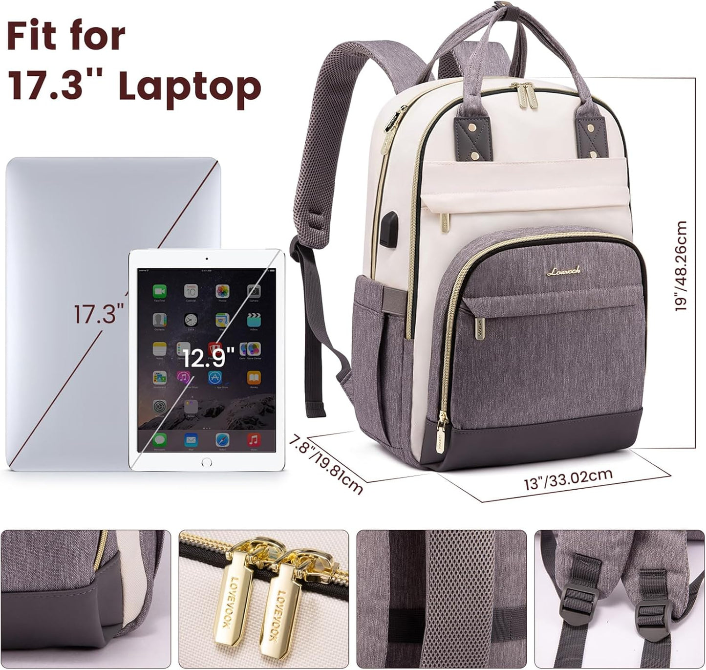 LOVEVOOK Backpack for Women,Laptop Backpack Women,Fits 17 Inch Laptop Bag,School Backpacks,Fashion Travel Work Anti-theft Bag,Waterproof Business Computer College Backpack Purse,Beige-Grey