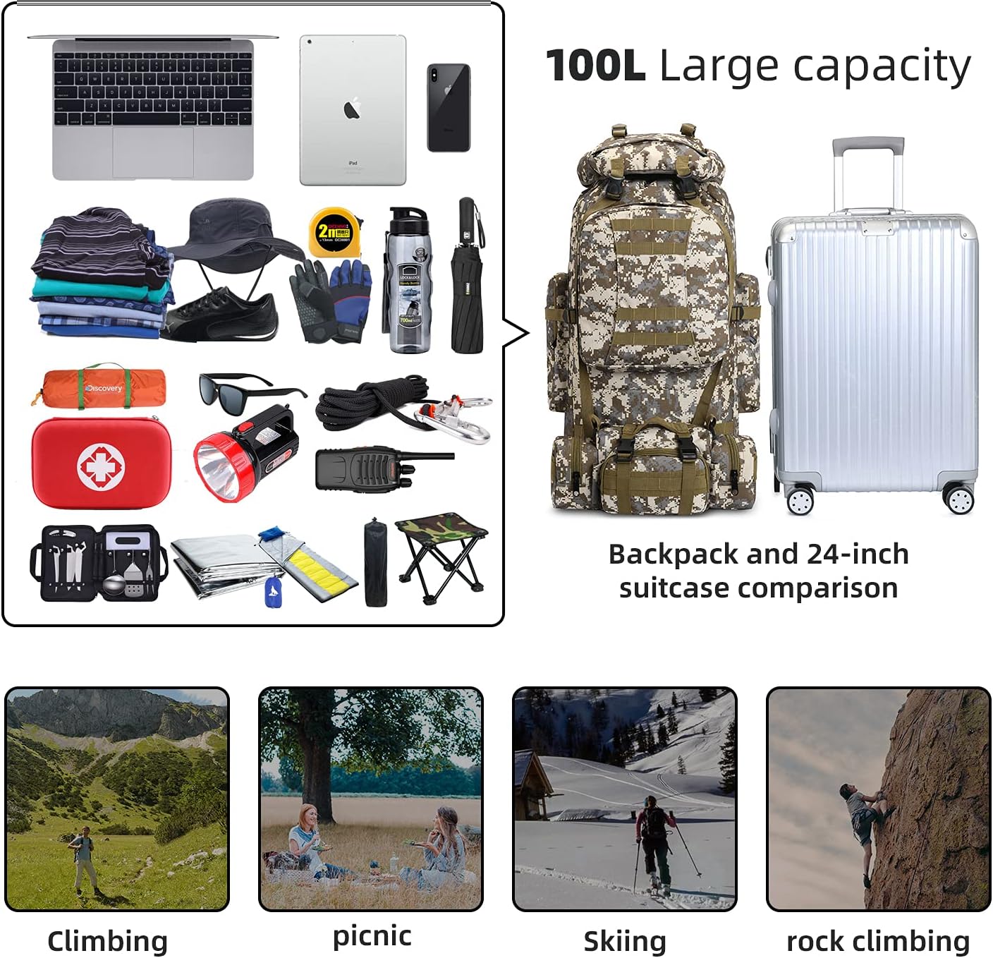100L Camping Hiking Backpack,Molle military Tactical rucksack backpack,Waterproof Lightweight