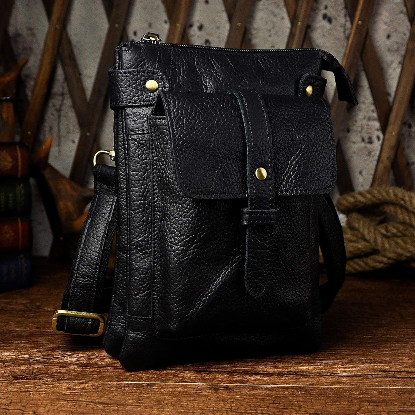 Men's Genuine Leather Small Messenger Shoulder Satchel - Adjustable Waist Bag