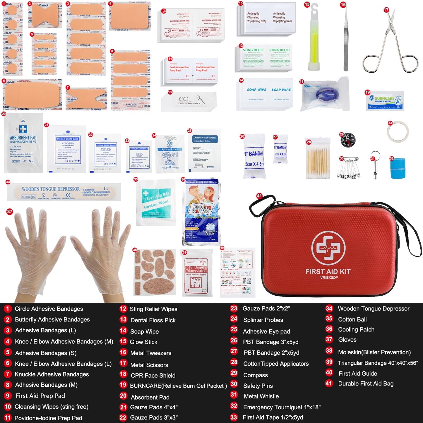 VRIEXSD Premium 320-Piece First Aid Kit, Waterproof EVA Hard Shell Case,Red