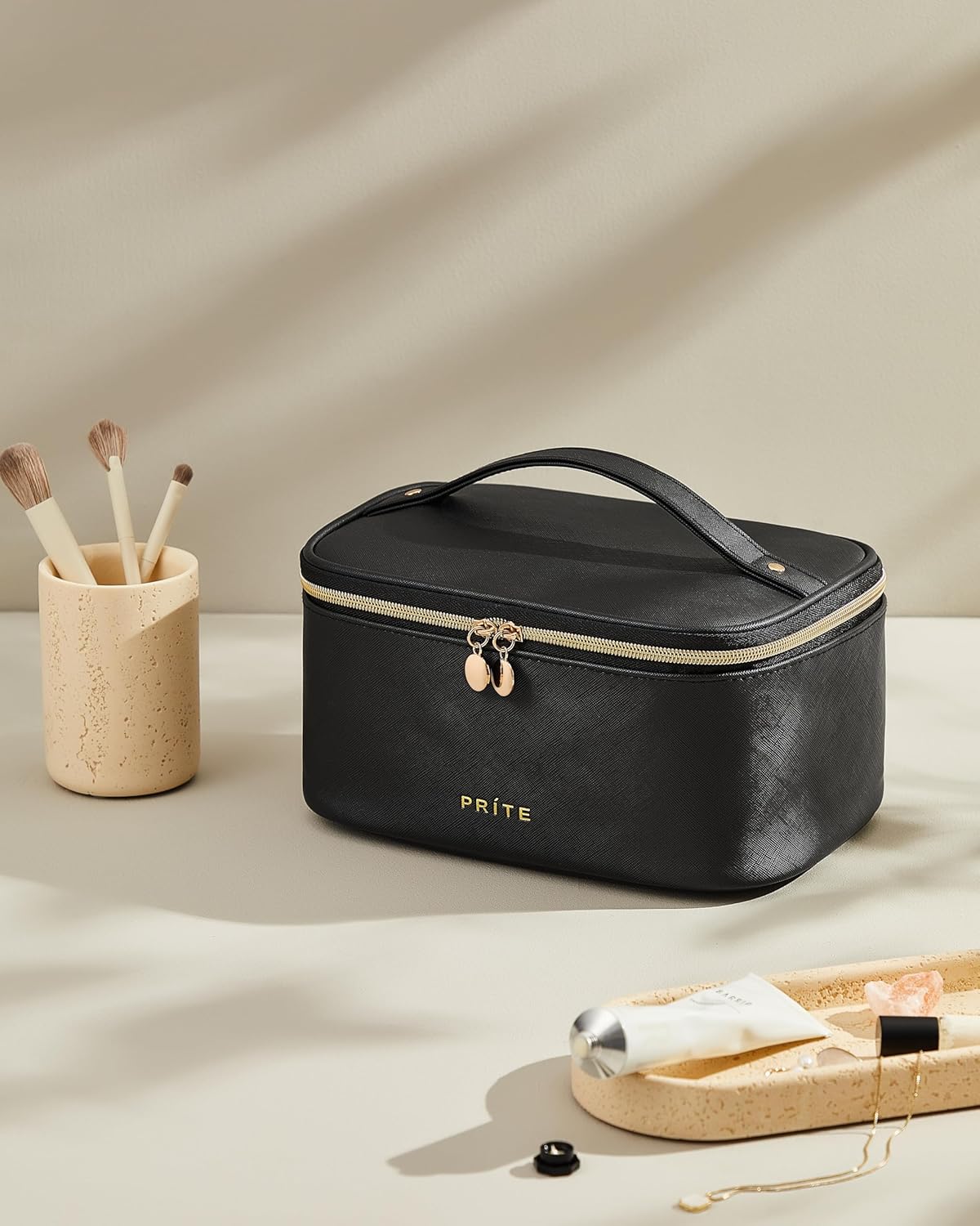 Prite Makeup Bag Portable Cosmetic Organizer with Brush Holder Waterproof Travel Toiletry Bag for Women with Handle and Divider (Black)