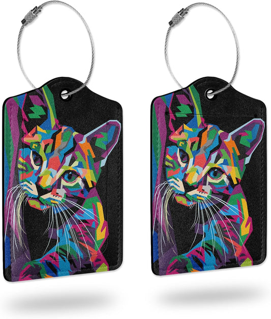 2 Pack Luggage Tags for Suitcases,Cute Cat Leather Cruise Suitcases Tag with Stainless Steel Loop Privacy Cover ID Label Travel Bag Tags Luggage Identifiers for Women Girl Suitcase