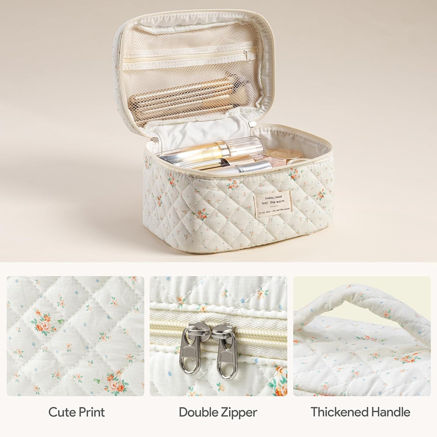 HBselect Quilted Makeup Bag, 3PCS Cotton Large Travel Makeup Bag, Cute Floral Coquette Make up Bag Cosmetic Bag Toiletry Bag for Women Girls