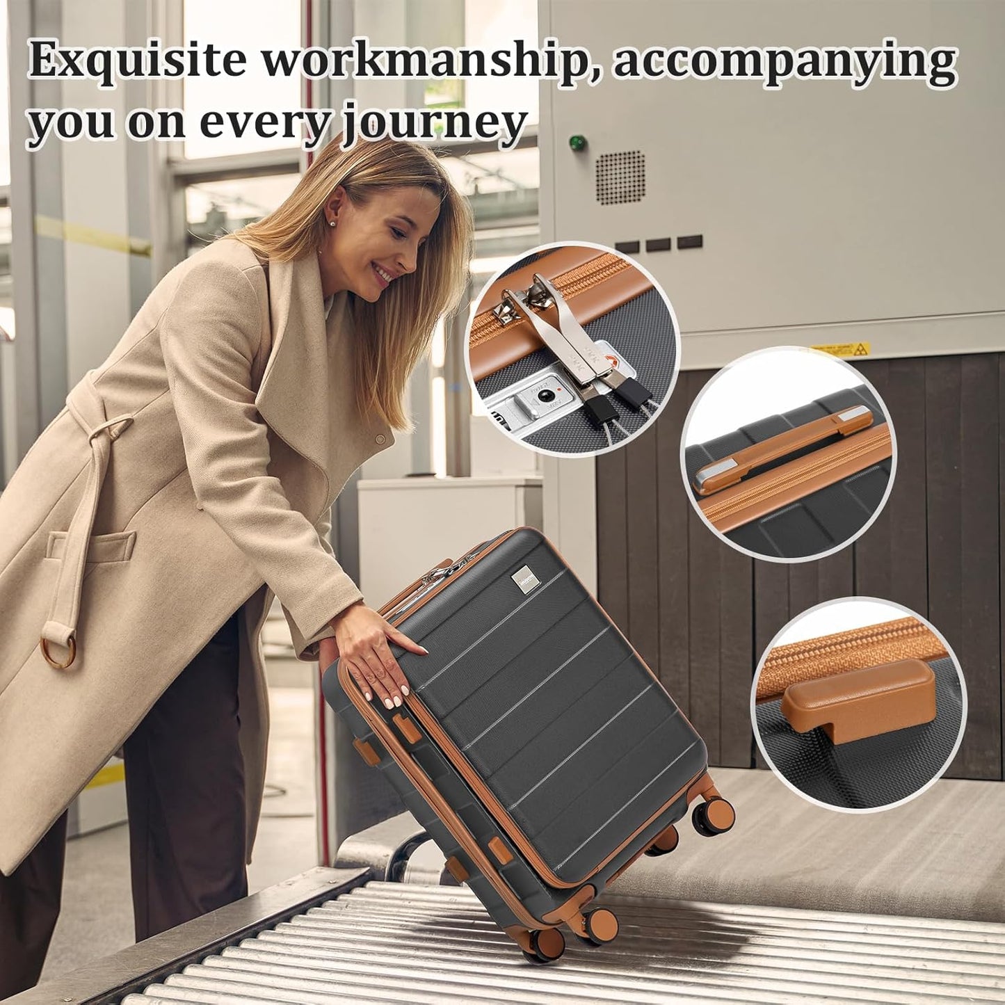 imiomo Carry on Luggage Airline Approved, Lightweight Hard Shell Carry-on Suitcase, 20 Inch Travel Luggage with Spinner Wheels and USB Port, Grey Brown