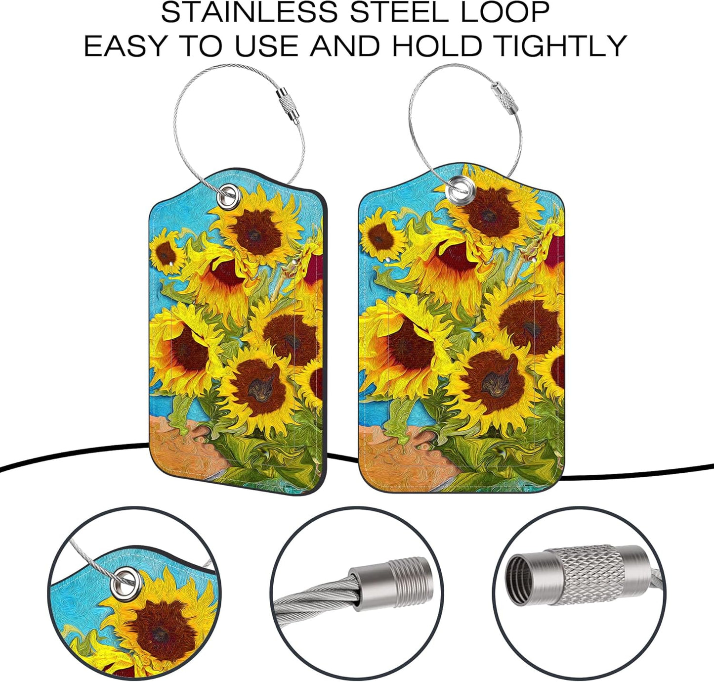 2 Pack Luggage Tags for Suitcase,Sunflowers Oil Painting PU Leather Idea Baggage Tag with Name Labels Privacy Cover Metal Ring Men and Women Travel Cruise Labels