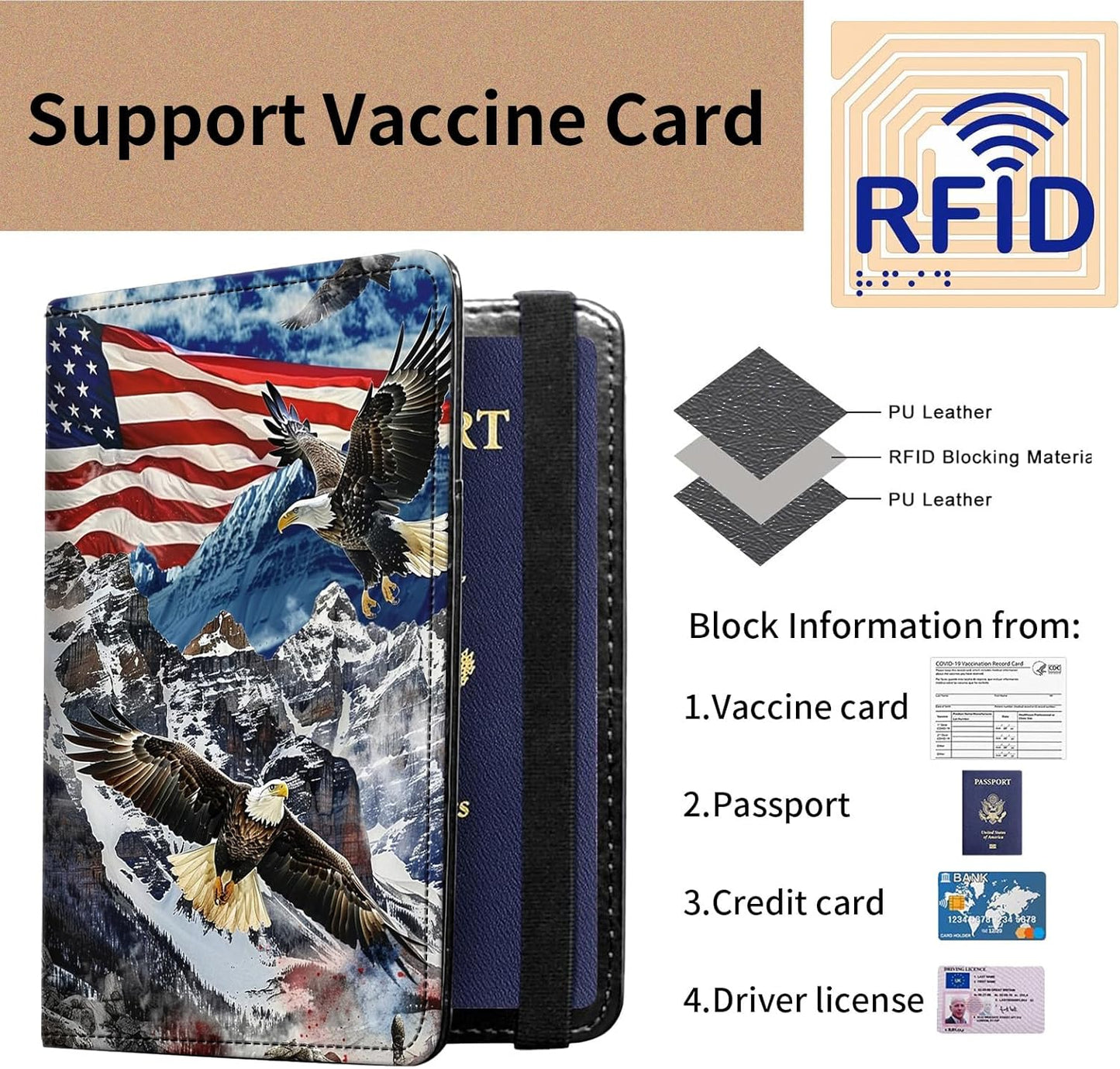 Passport and Vaccine Card Holder Cover Combo,Travel Passport Holder Wallet with RFID Blocking, Leather Vaccine Card Slot Passport Cover Case for Women & Men,American Flag Eagles