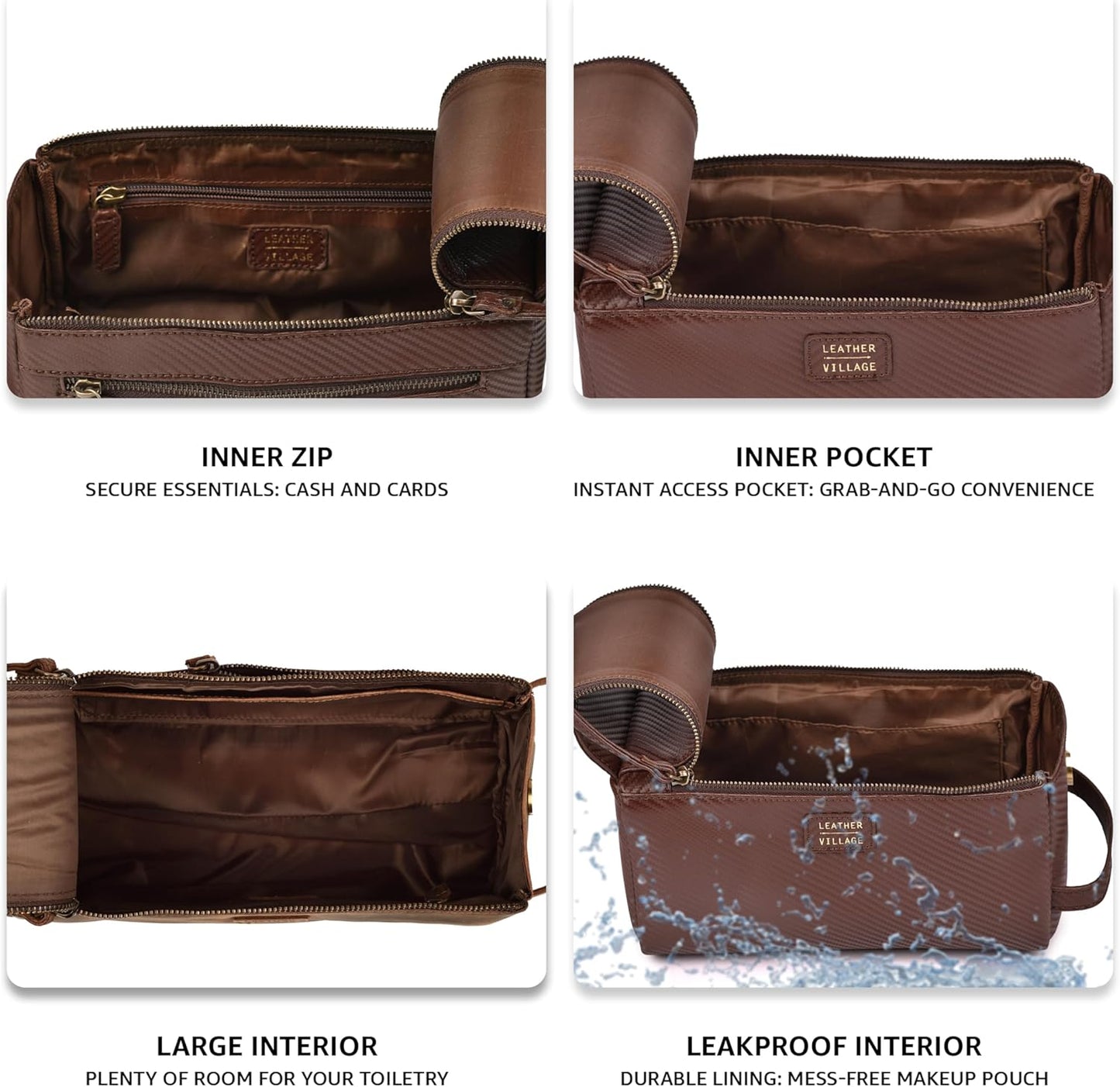 LEATHER VILLAGE Premium Carbon Fiber Genuine Leather Travel Toiletry Bag - Large Compact Dopp Kit