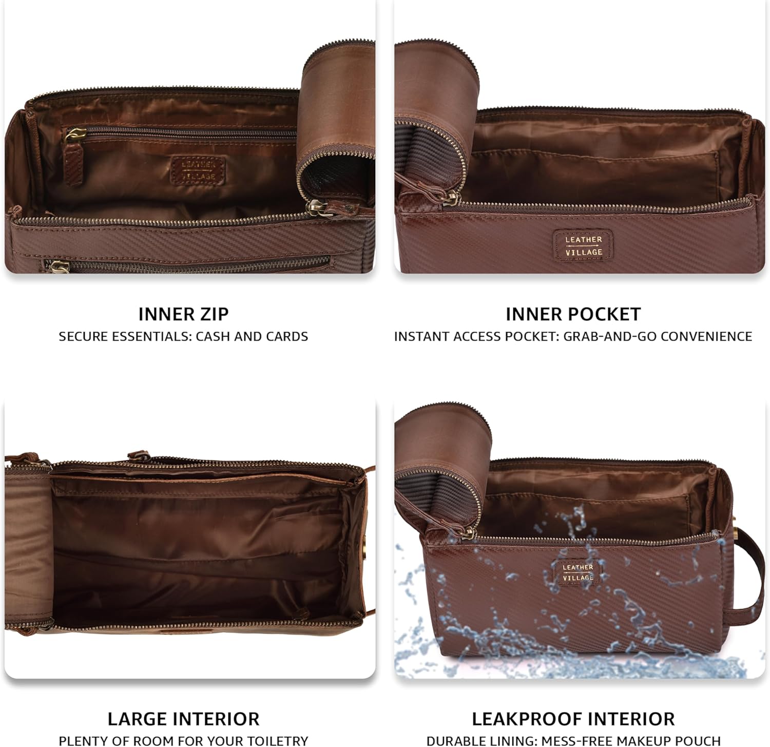 LEATHER VILLAGE Premium Carbon Fiber Genuine Leather Travel Toiletry Bag - Large Compact Dopp Kit