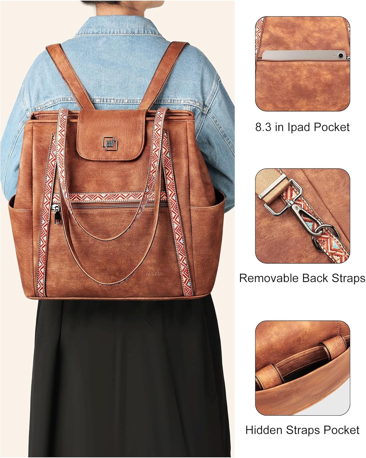 FADEON Large Laptop Tote Bag for Women Designer Leather Laptop Bag Fashion Travel Backpack Purse