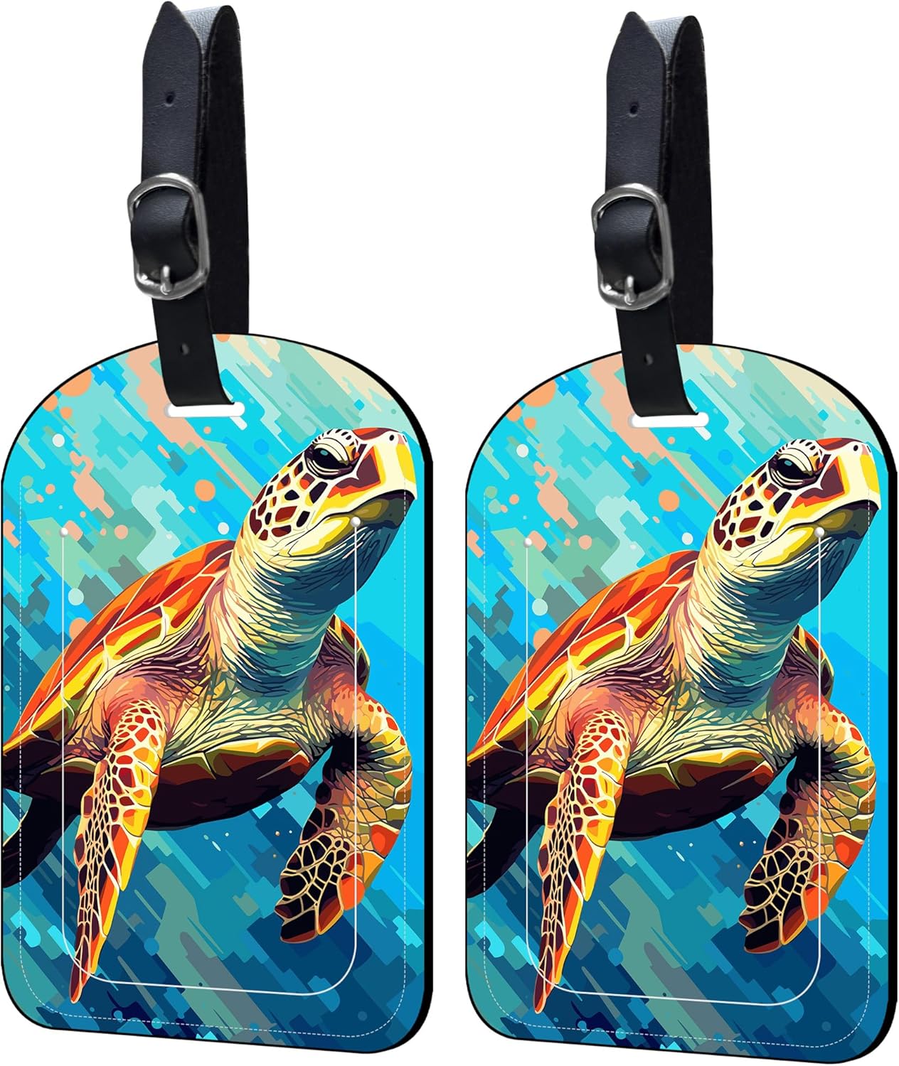 2 Pack Luggage Tags Watercolor Sea Turtle PU Leather Baggage Handbag Suitcase Tags with Secure Strap Privacy Cover ID Labels,Business Travel Baggage Tag Identifier