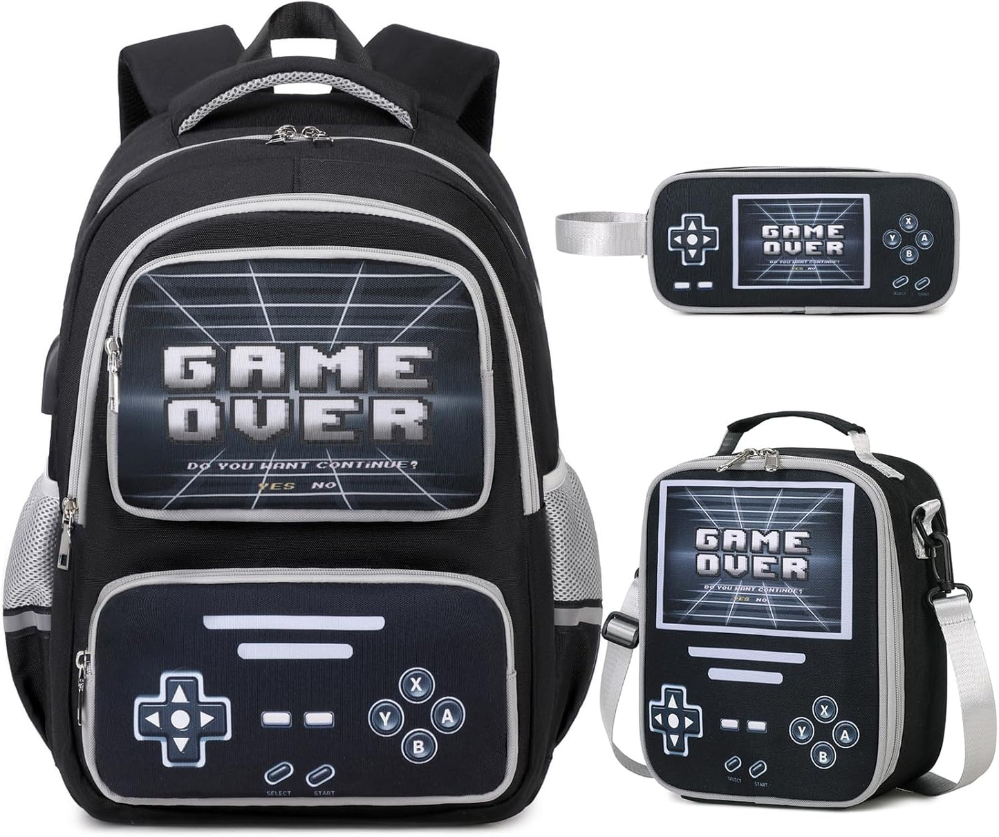 Gamer Backpack for Boys - Cool Luminous School Bag with Lunch Bag Pencil Case - Kids Backpack Elementary Middle School Book Bags for Teen Boys with USB Charging Port (Black Grey)