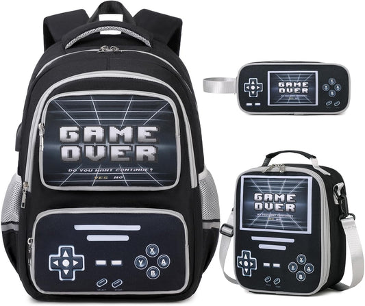 Gamer Backpack for Boys - Cool Luminous School Bag with Lunch Bag Pencil Case - Kids Backpack Elementary Middle School Book Bags for Teen Boys with USB Charging Port (Black Grey)