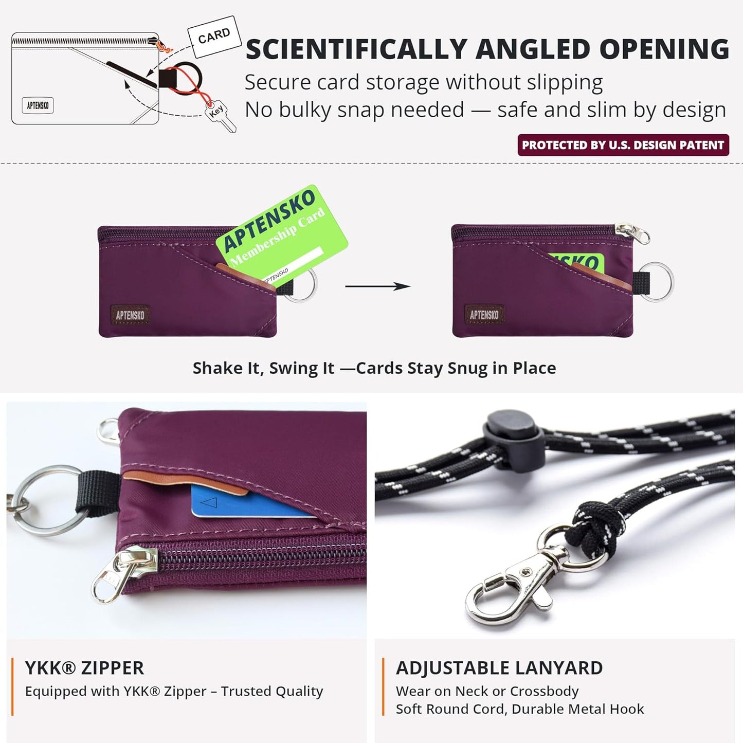 RFID Travel Wallet with Adjustable Lanyard-Zipper Small Wallet with ID Card Holder, Keychain for women&men-Minimalist Slim Waterproof Nylon case for ID, Cash, Key (Plum Wine)