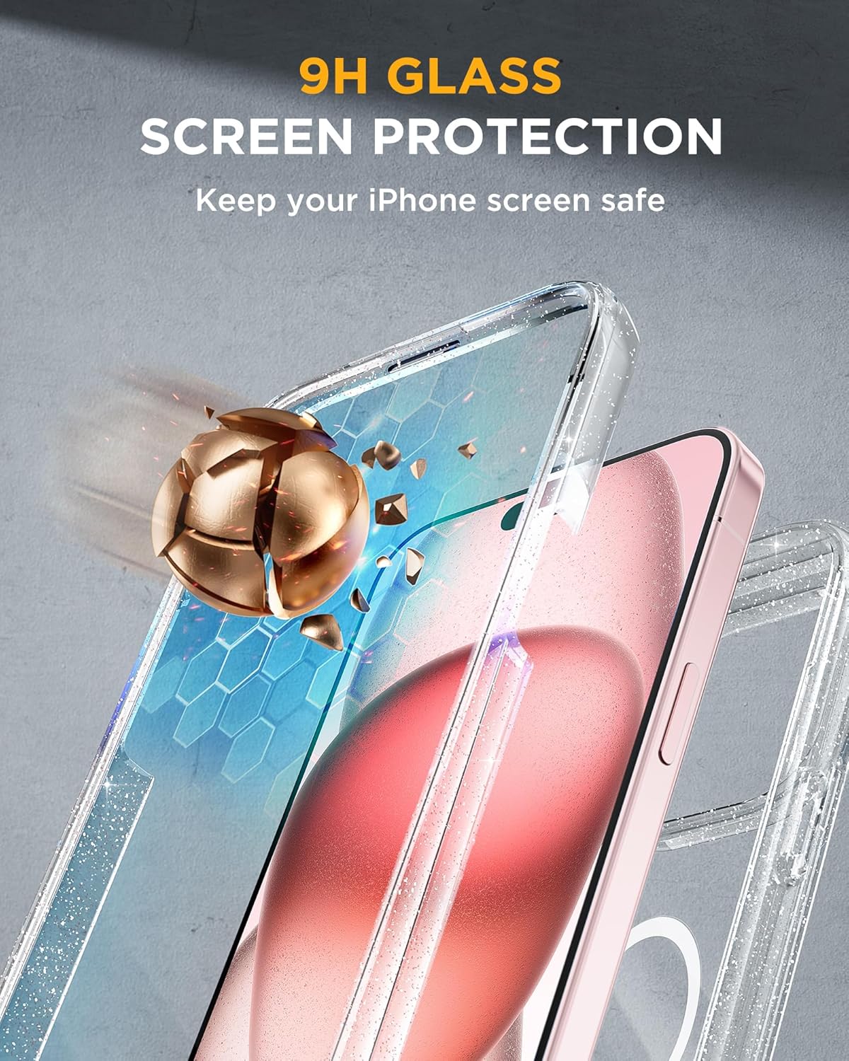Miracase Glass Series Case for iPhone 15 [Compatible with MagSafe] Full Body Magnetic Case with Built-in 9H Tempered Glass Anti-Fingerprint Screen Protector + Camera Lens Protector, Clear Glitter