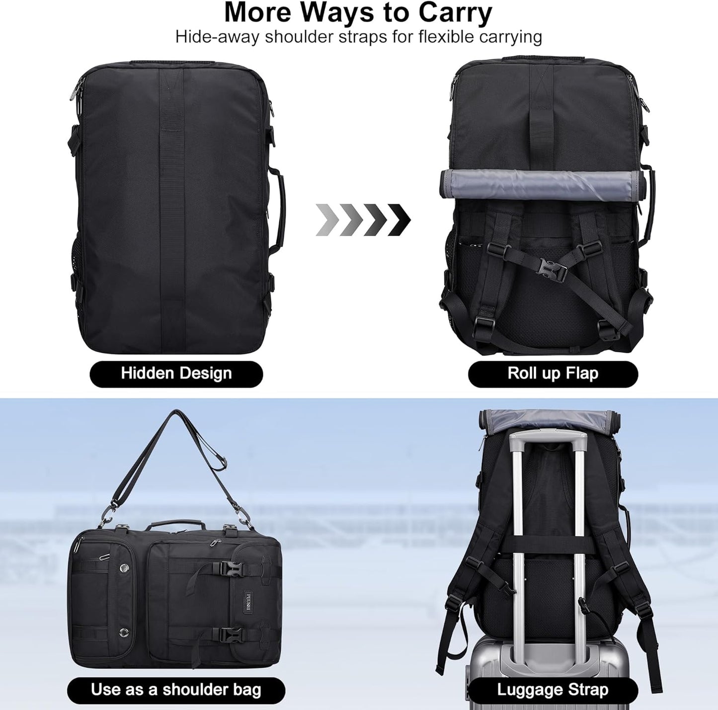 PIJUSHI Travel Backpack for Women Men Carry on Luggage Backpack Flight Approved Convertible Duffle Bag Fit 16 Inch Laptop(PE037 Black)
