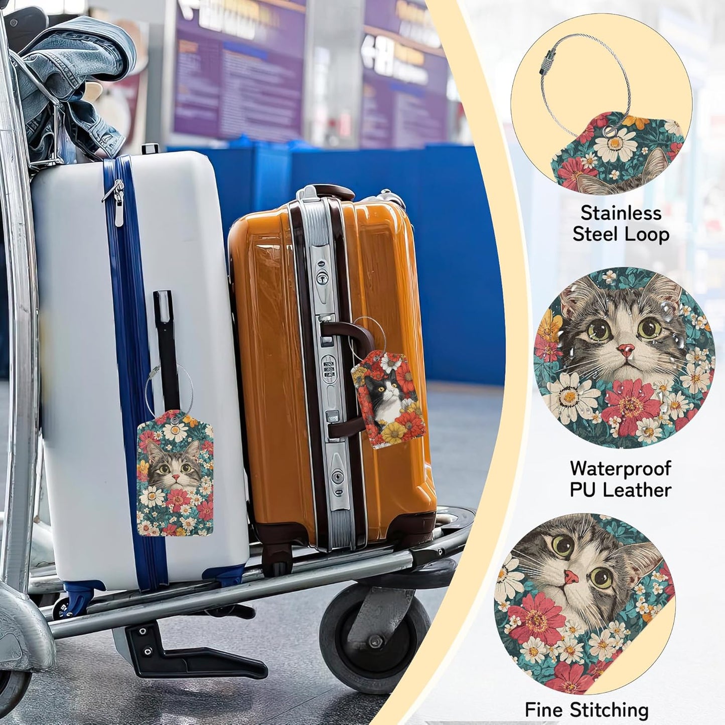 Cute Cat Luggage Tags for Suitcase,3 Pack Blooming Colorful Flowers Luggage Tag Leather Privacy Cover ID Label with Stainless Steel Loop for Women Men