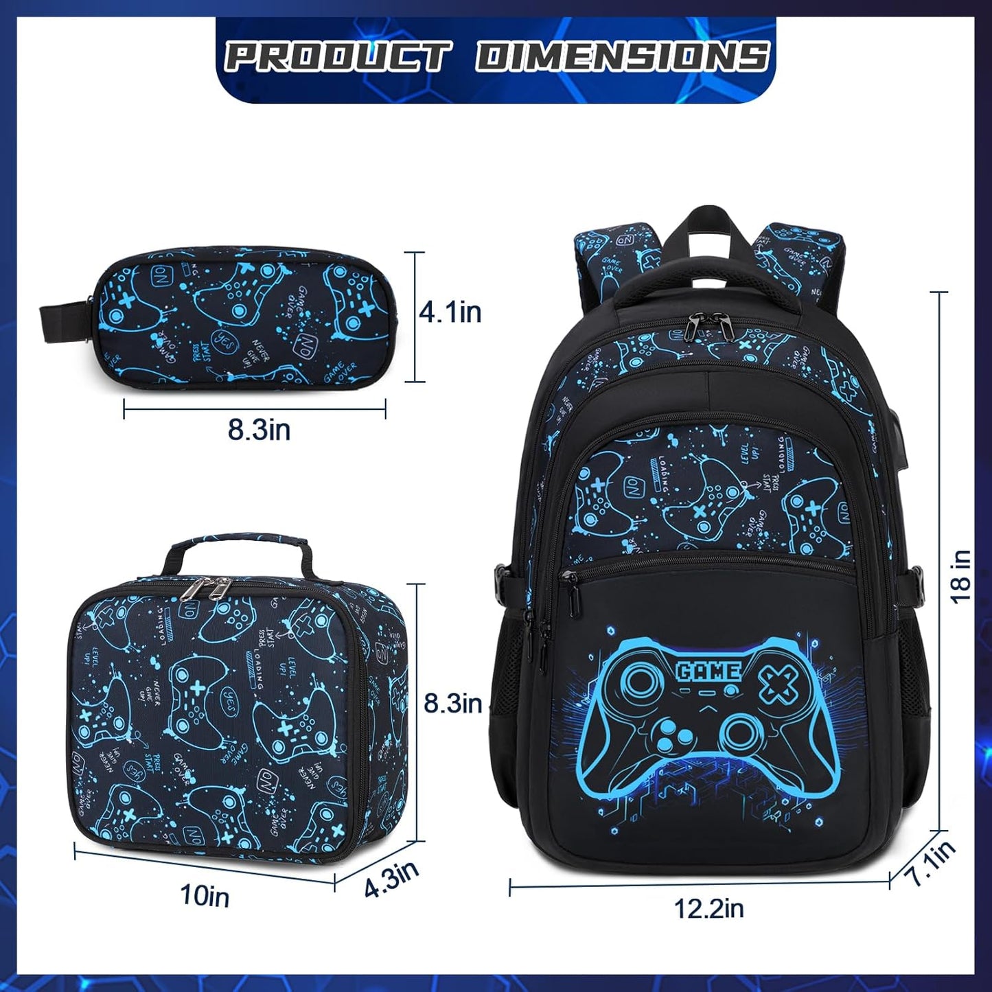 Boys Backpack for School, 3PCS Cool Luminous Gamer Backpack for Boys with Lunch Box Pencil Case, Kids Backpacks Bookbag for Teen Boy Elementary Middle High School with USB Charging Port