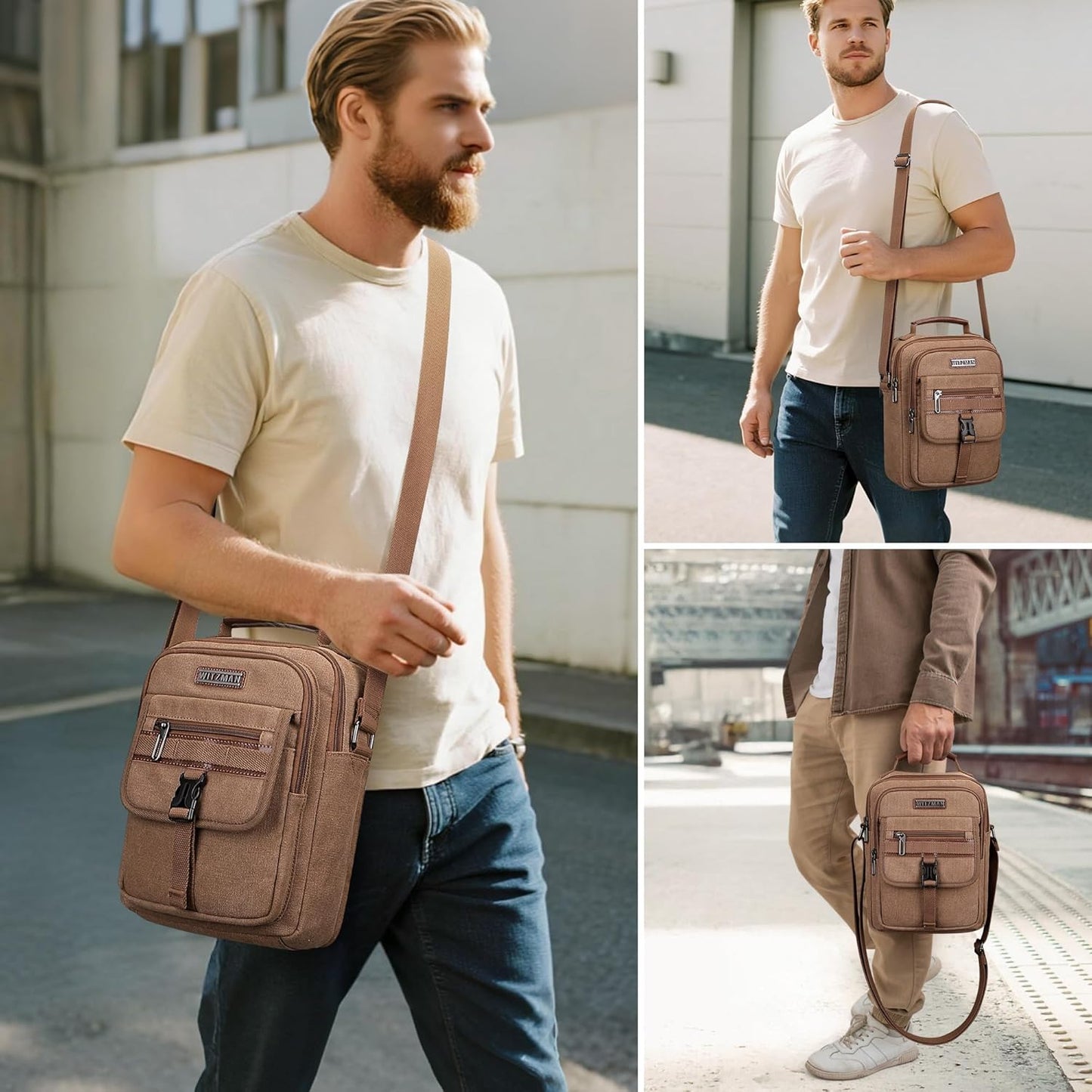 WITZMAN Crossbody Bag for Men Canvas Messenger Bags Vintage Man Purse Small Casual Shoulder Bag for Work Traveling
