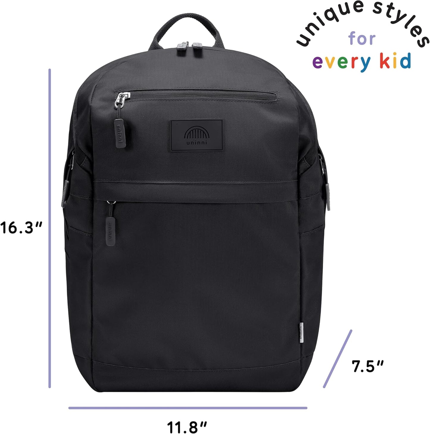 uninni 16” student backpacks, Age 8+ & Adults with Padded, and Adjustable Shoulder Straps, Laptop compartment. (Black)