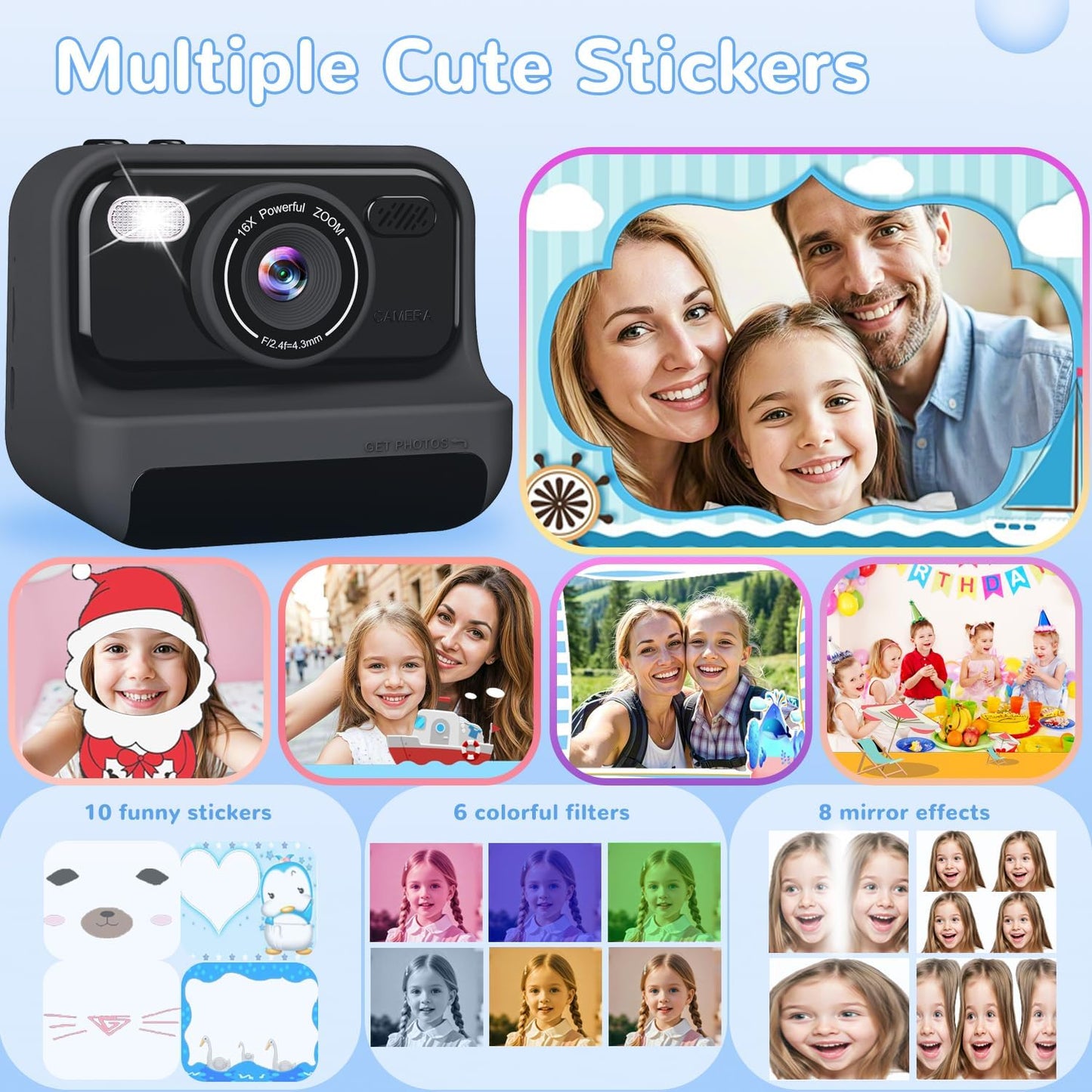 Instant Print Camera for Kids,2.4 Inch Screen Kids Instant Cameras, Christmas Birthday Gifts for Girls Age 3-12, Portable Toddler Toy for 3 4 5 6 7 8 9 10 Year Old Girls Boys，Black