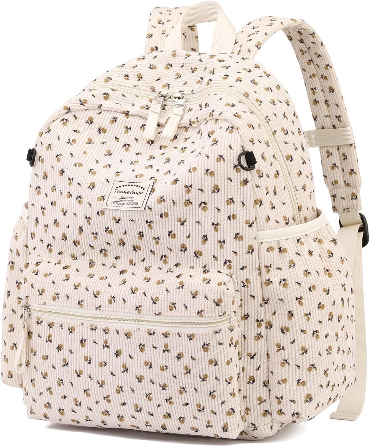 Corduroy Kids Backpack for Boys Girls Backpacks for Primary Elementary Kindergarten 6-10(Flower Beige, Medium (15" H Fit A4 Folder))