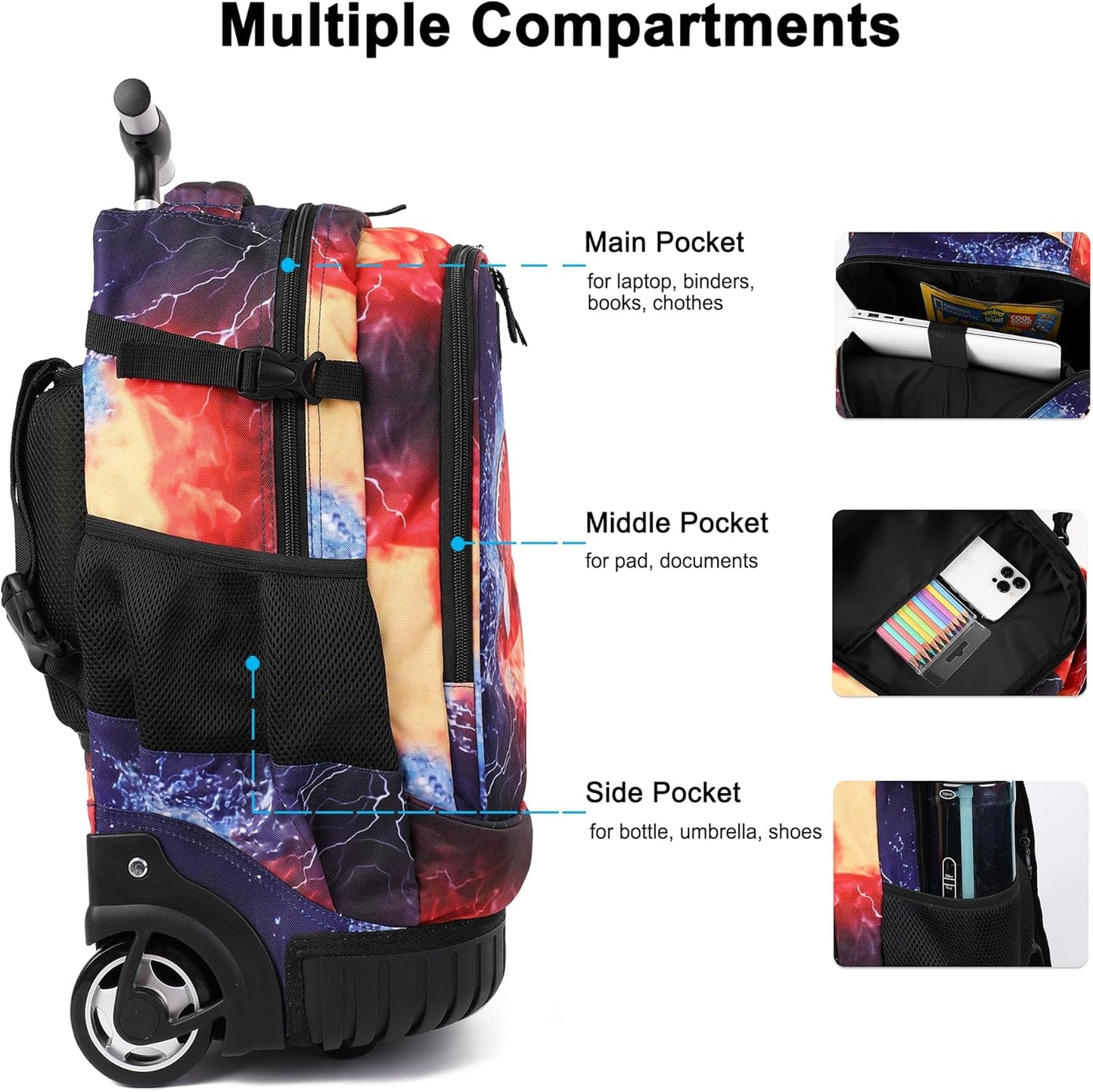 Tilami Rolling Backpack 19 inch with Lunchbox Wheeled Laptop Backpack,Rugby Black