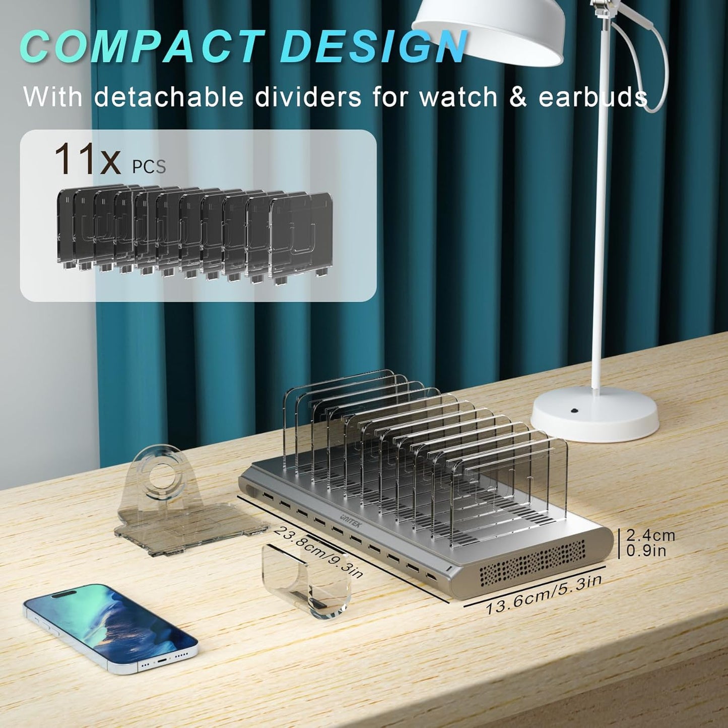 Unitek Multi iPad Charging Station - 10 Port USB Charging Station for Multiple Devices, Fast Charging Dock Cell Phone Organizer for iPhone, iPad, Android, Tablets - Silver