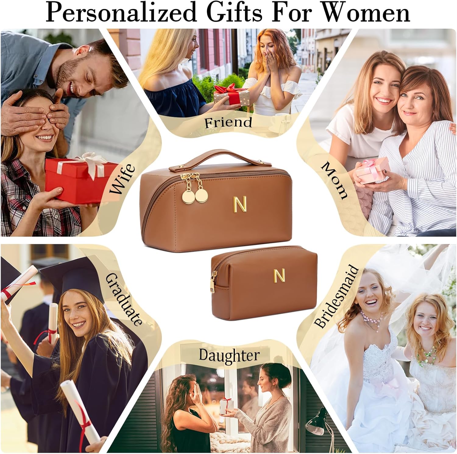 Birthday Gifts for Women Teen Girl, Personalized Initial Makeup Organizer Bag Set, Open Flat Travel