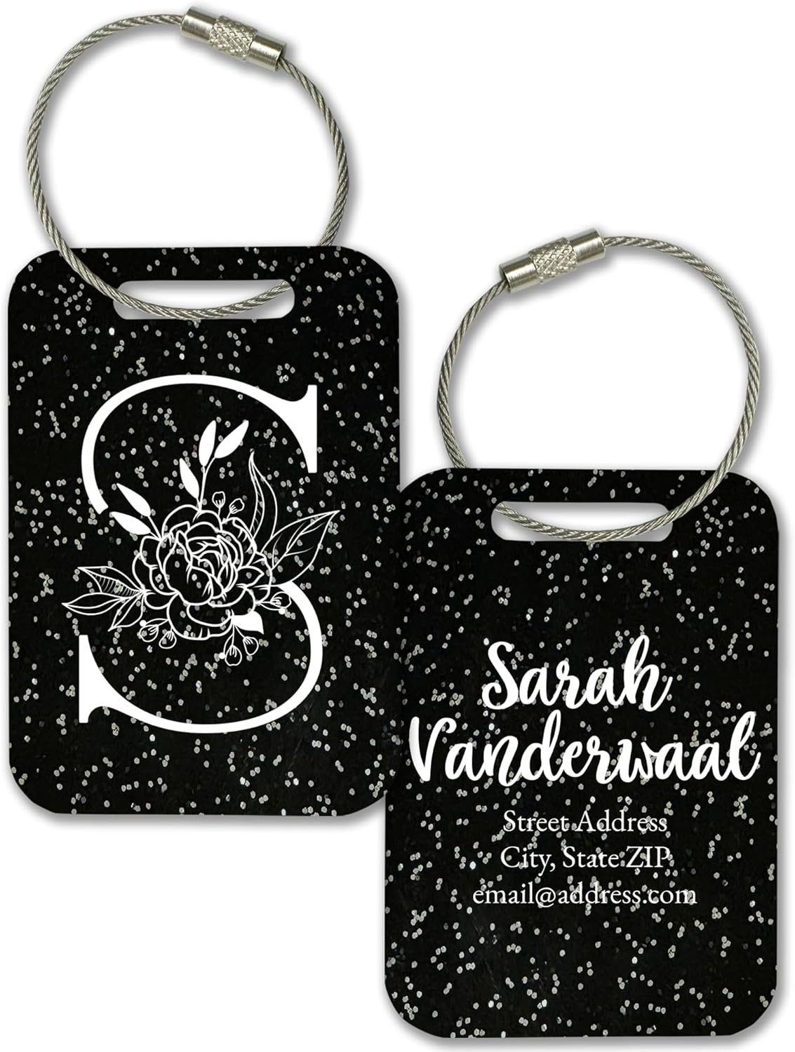 Personalized Monogram Name Tag for Luggage (3 or 6 Count Pack) | Custom Tag for Suitcase | Acrylic Name Tag for Travel | Choose Your Font & Color | Backpack ID Label (Monogram, Black Glitter)