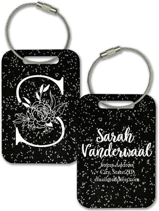 Personalized Monogram Name Tag for Luggage (3 or 6 Count Pack) | Custom Tag for Suitcase | Acrylic Name Tag for Travel | Choose Your Font & Color | Backpack ID Label (Monogram, Black Glitter)