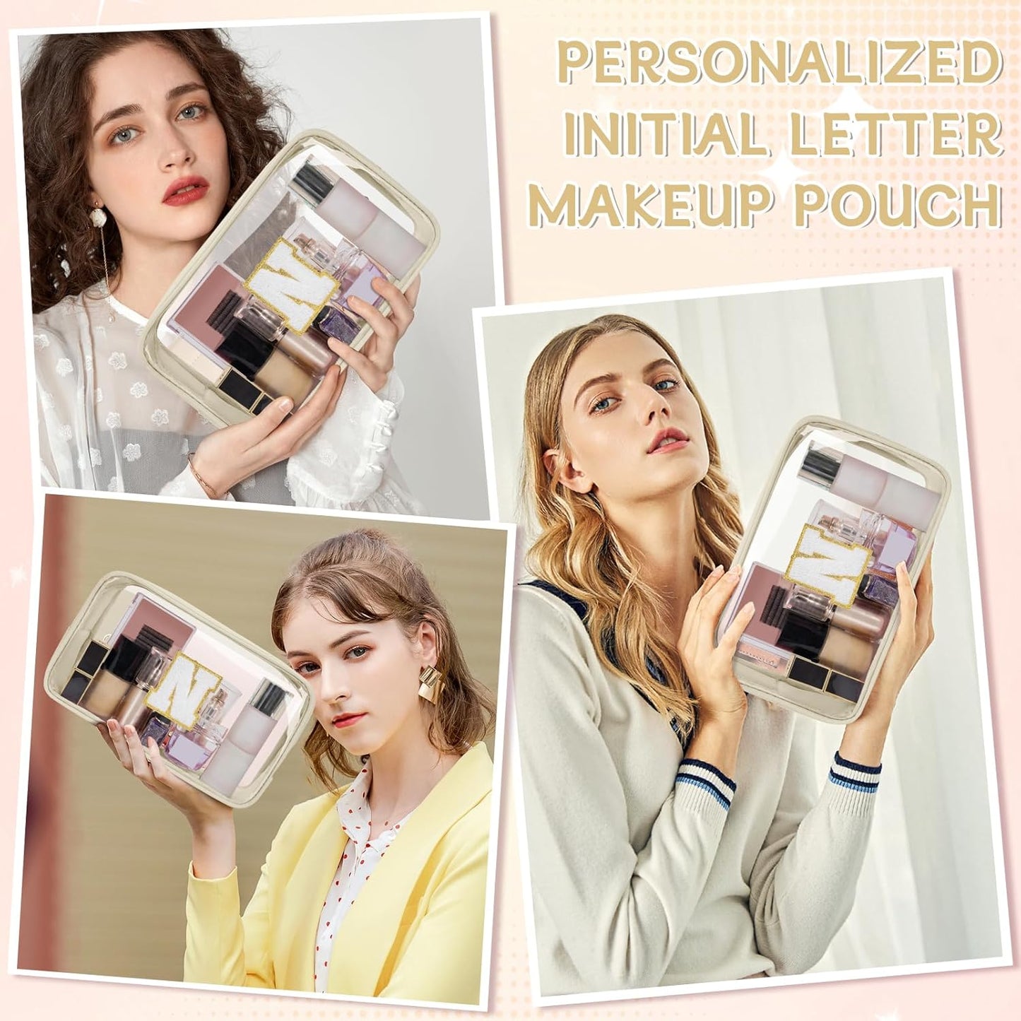 Personalized Initial Clear Makeup Bag, Travel Chenille Patch Cosmetic Bag, Preppy Toiletry Bag Monogram Cosmetic Pouch with Zipper, Ideal Gift for Teen Girls Women (Clear-Beige, N)