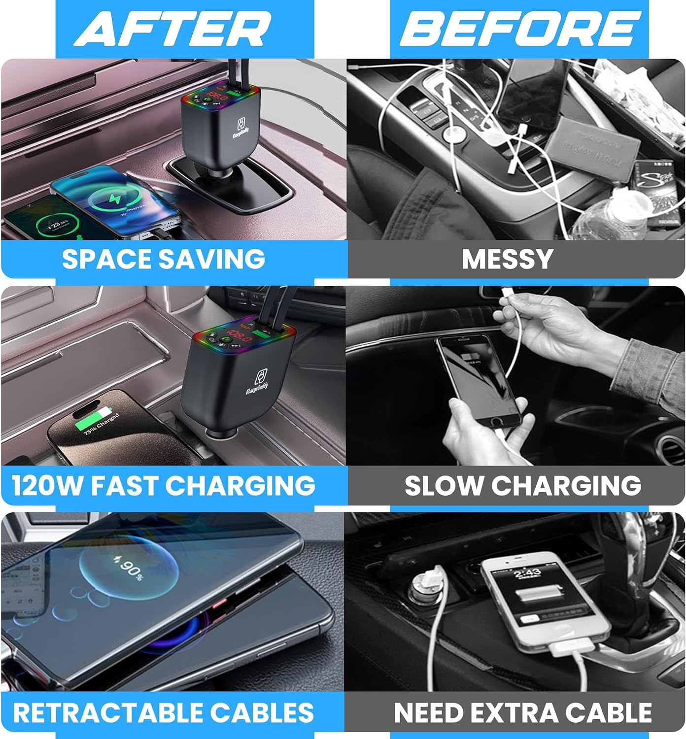 Bluetooth 5.3 Car FM Transmitter with 120W Max Power, Retractable Cables (80cm), Digital Display, Hands-Free Calling, Noise Canceling, and Dual Device Charging