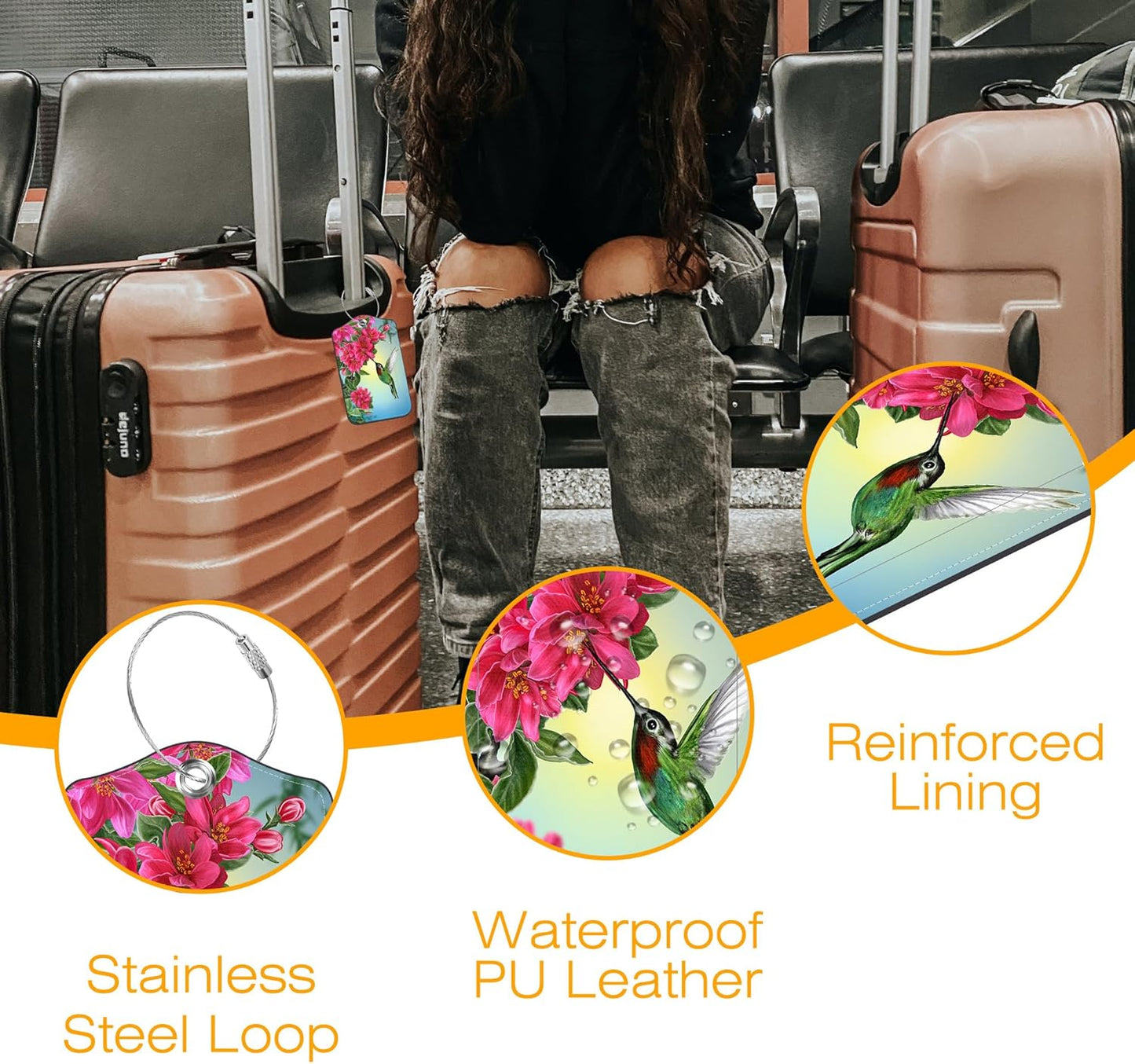 3 Pack PU Leather Luggage Tag for Suitcase Hummingbird with Hibiscus Suitcase Tags with Privacy Name ID Label and Stainless Steel Loop for Travel Bag